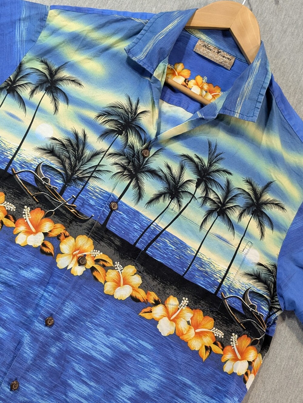 Blue Hawaii Hawaiian Islands Button Shirt Men's Large Blue Floral Trees